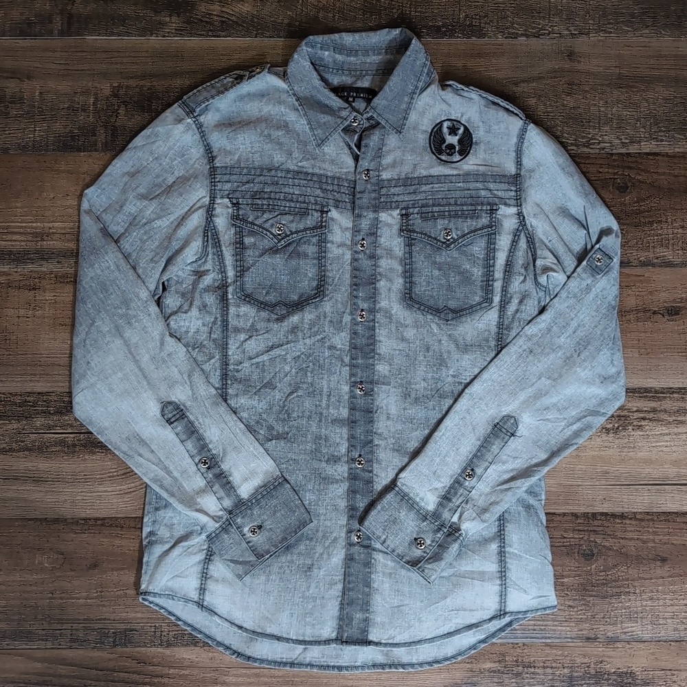 Affliction Black Premium Embroidered Long Sleeve Button Down Size Med In Silver
